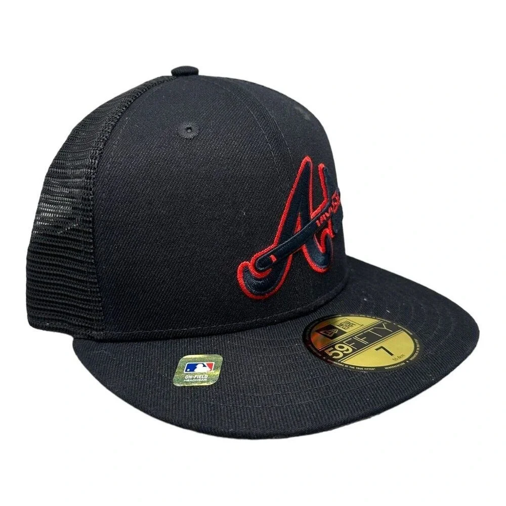 New Era 59FIFTY Atlanta Braves Mesh Black Red‎ Fitted Hat Cap Men's Sz 7 NWT